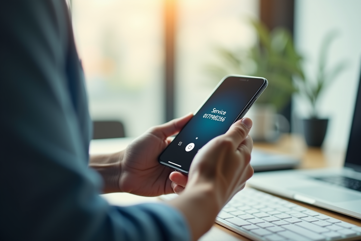 Client tenant un smartphone dans un bureau moderne