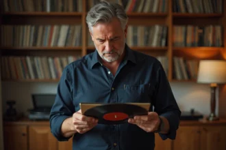 Collectionneur de disques vinyles rares examinant attentivement un vinyle précieux dans sa discothèque personnelle