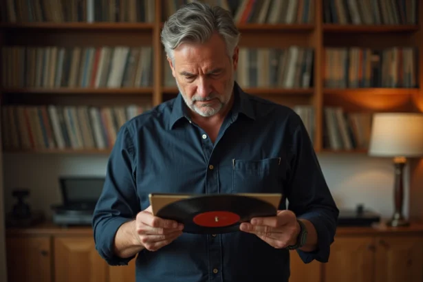 Collectionneur de disques vinyles rares examinant attentivement un vinyle précieux dans sa discothèque personnelle