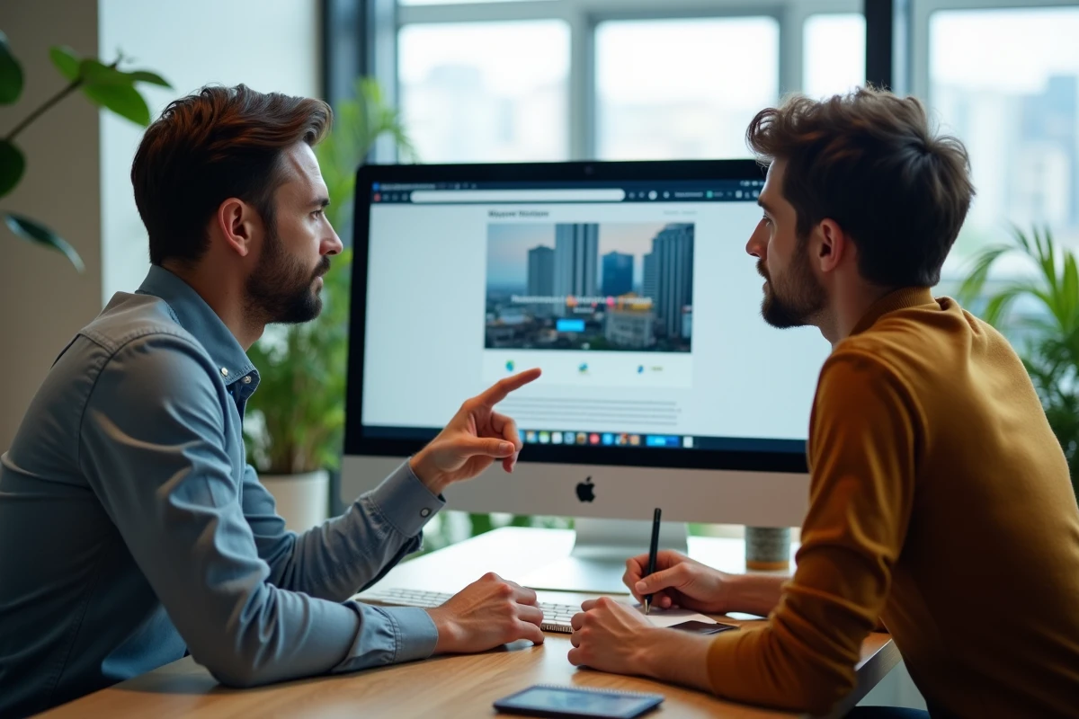 Deux collègues évaluant ensemble les avis d'un site web au bureau avant de prendre une décision