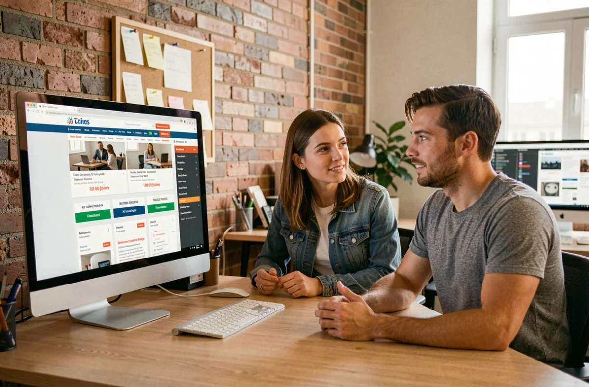 Deux collègues comparant des sites concurrents sur un grand écran dans un bureau moderne pour évaluer la protection des achats