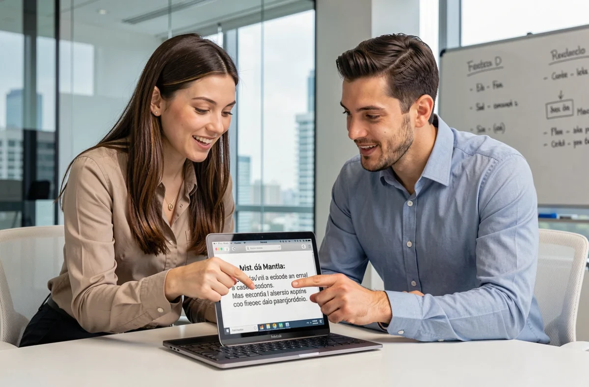 Deux collègues collaborant sur la rédaction d'un mail formel en espagnol dans une salle de réunion moderne