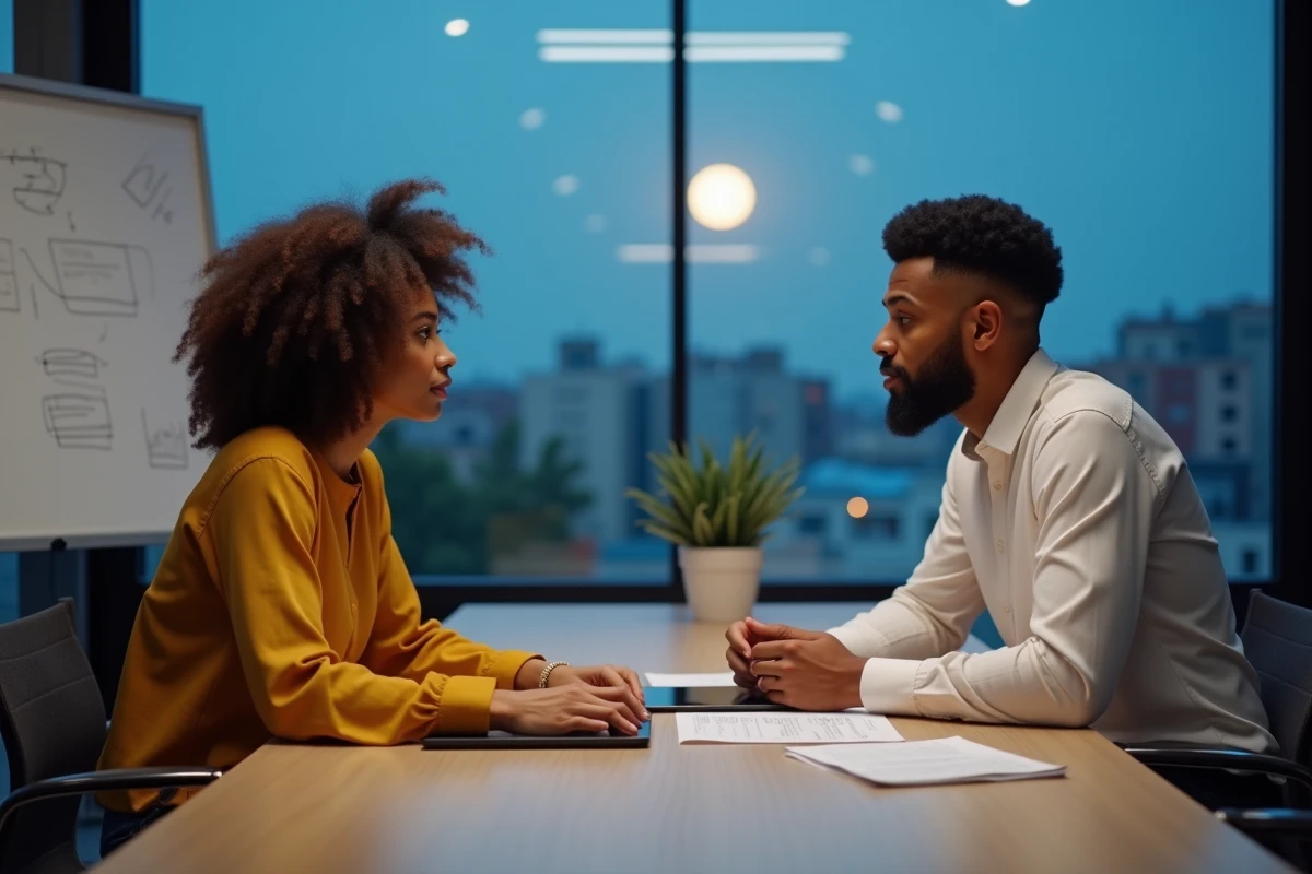 Deux collègues en réunion professionnelle nocturne sous la pleine lune de novembre, collaboration stratégique et gestion des opportunités sans épuisement