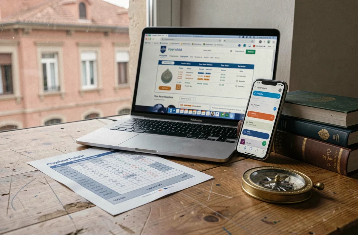 Bureau avec horaires de prière imprimés, site web et application mobile comparés à Toulouse