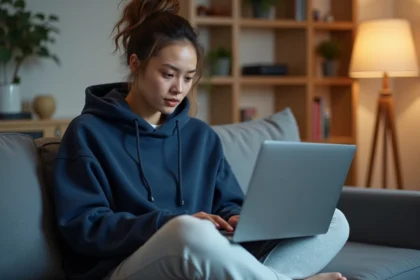 Jeune femme comparant des offres d'abonnement Canal+ pas cher sur un ordinateur portable dans un salon moderne