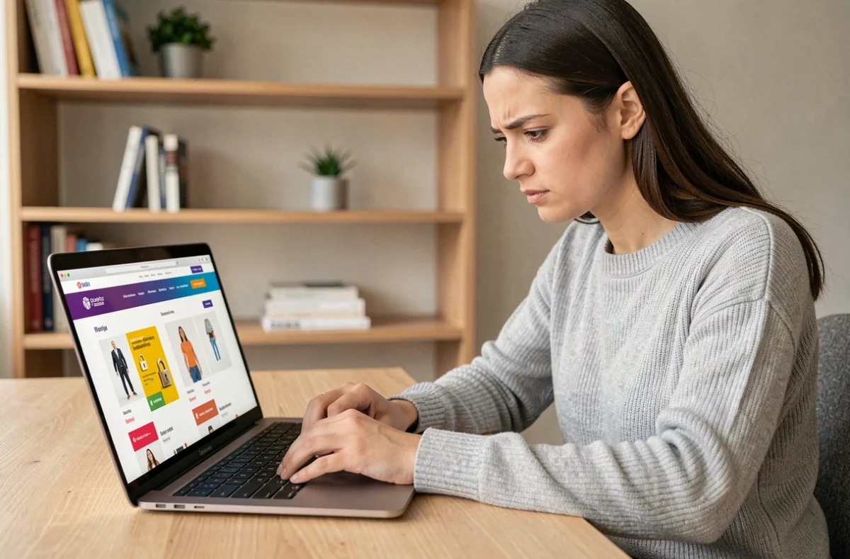 Femme comparant des sites e-commerce concurrents sur un ordinateur portable dans un bureau à domicile moderne