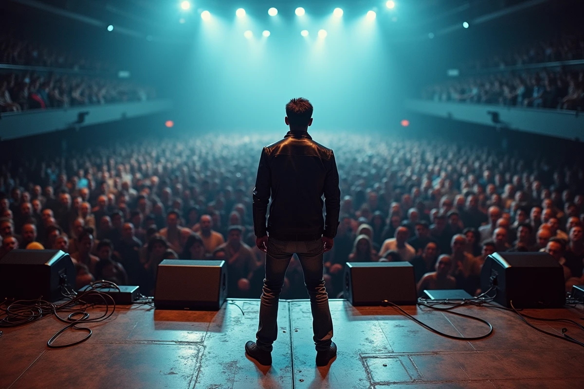 Vue depuis la scène d'un concert de rock alternatif années 90 avec guitariste de dos face à une foule dense