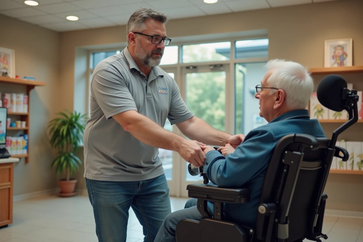 Conseiller médical présentant les caractéristiques d'un fauteuil roulant électrique à un client lors d'une location