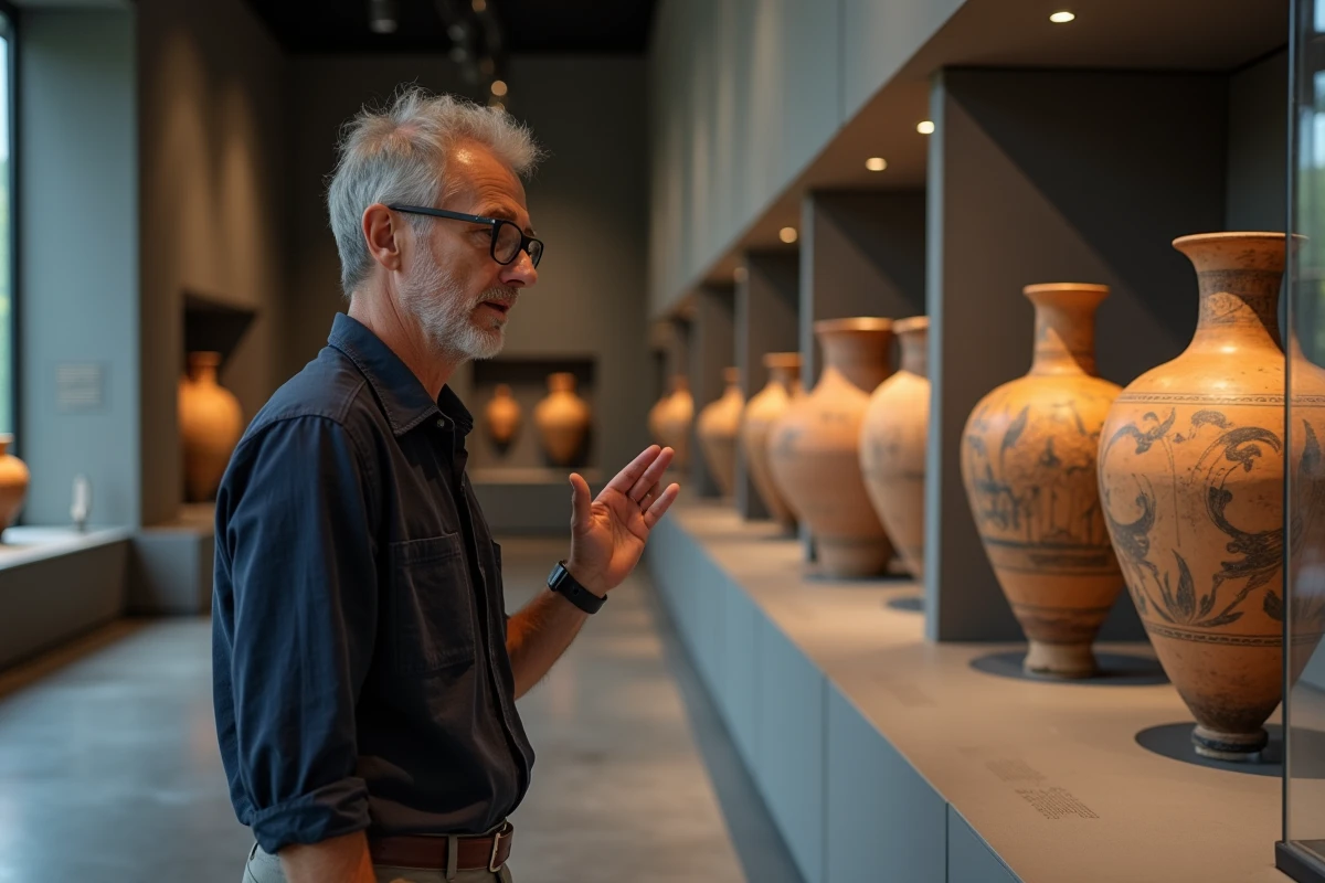 Conservateur de musée présentant des vases grecs anciens représentant des dieux de la mer comme Poséidon
