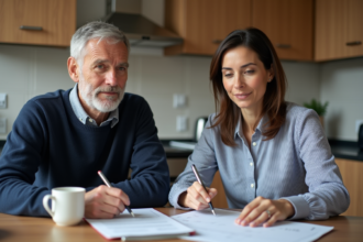 Couple adulte examine un contrat de location à la cuisine