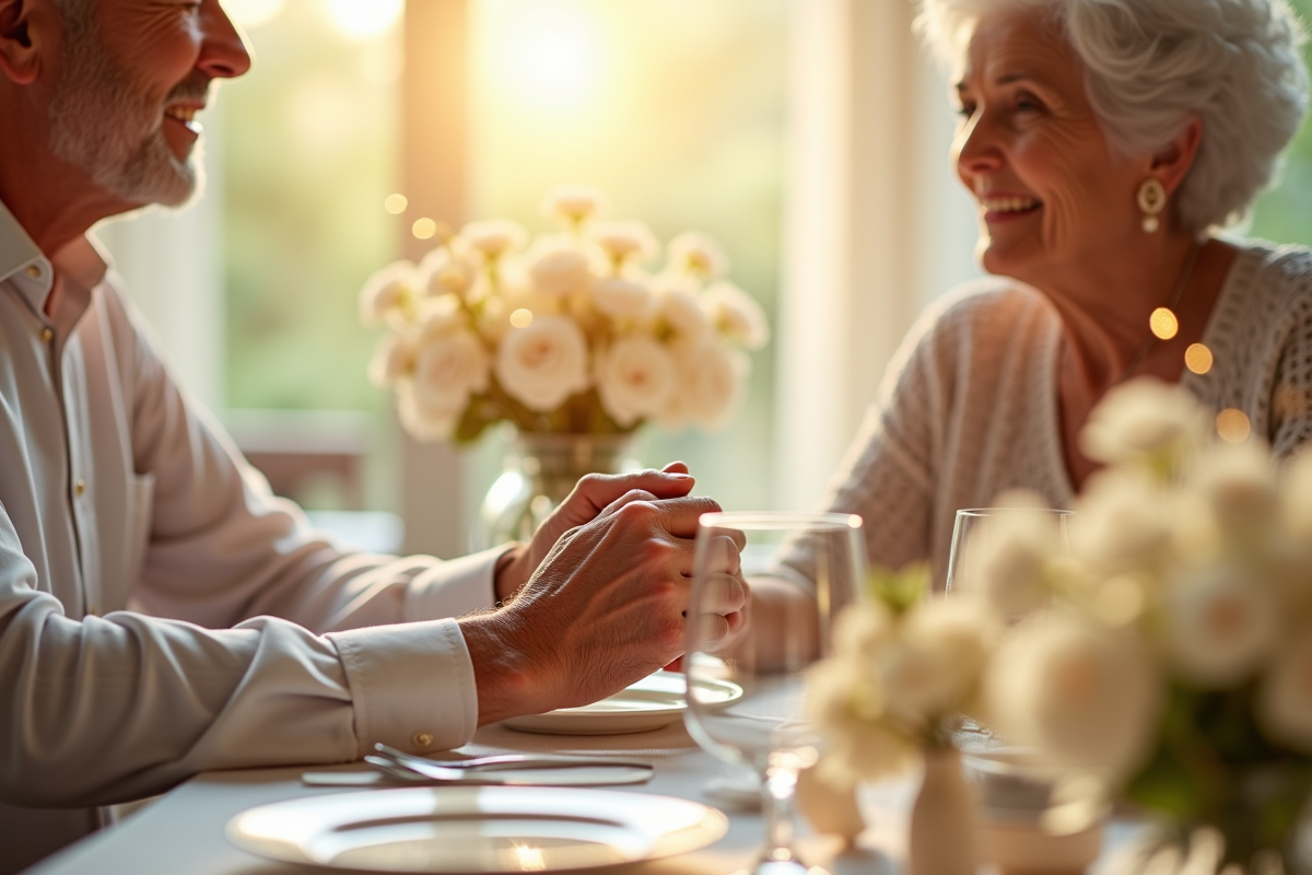 Couple âgé célébrant 70 ans de mariage main dans la main