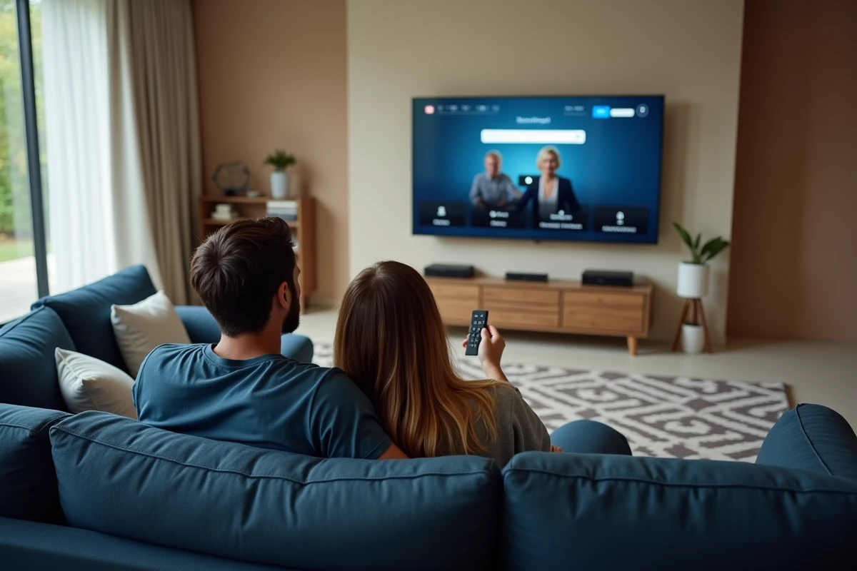 Couple choisissant une offre streaming Canal+ économique devant leur télévision dans un salon contemporain