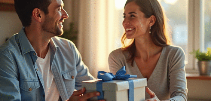 Couple souriant échangeant cadeaux pour anniversaire de mariage
