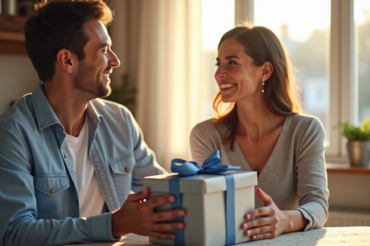 Couple souriant échangeant cadeaux pour anniversaire de mariage