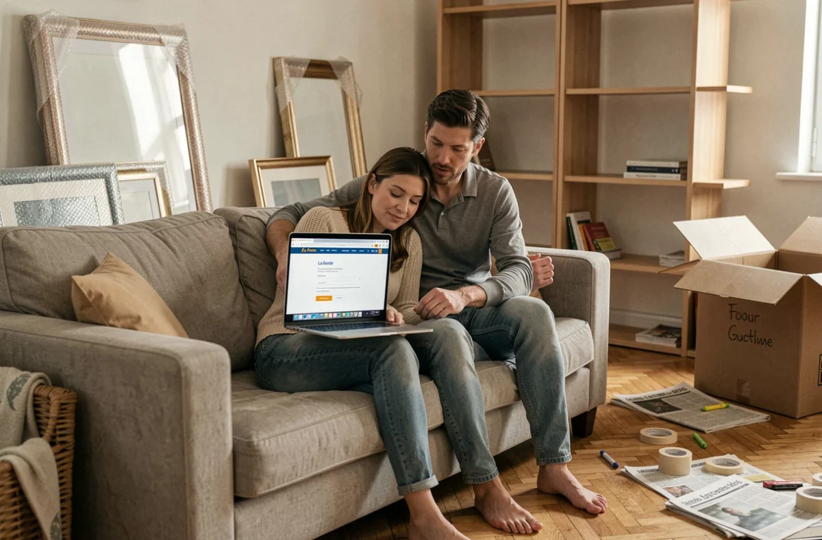 Couple consultant le service de changement d'adresse La Poste en ligne sur un ordinateur portable dans un appartement en cours de déménagement