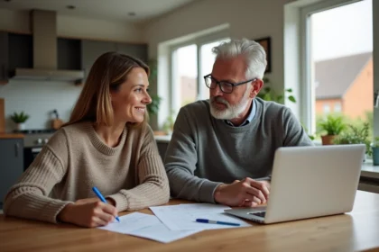 Couple d'adultes examinant des documents de prêt immobilier à la maison