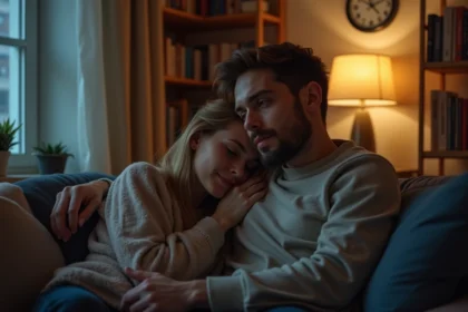Couple regardant une horloge affichant 21h21 dans un salon chaleureux, symbole de synchronicité amoureuse et de connexion spirituelle