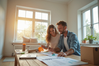 Couple heureux peignant leur salon moderne lumineux