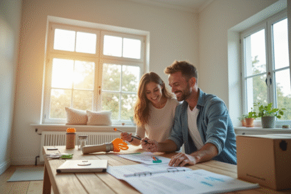 Couple heureux peignant leur salon moderne lumineux