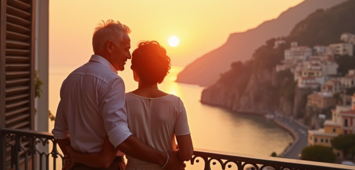 Couple mature sur un balcon romantique à Amalfi au coucher de soleil