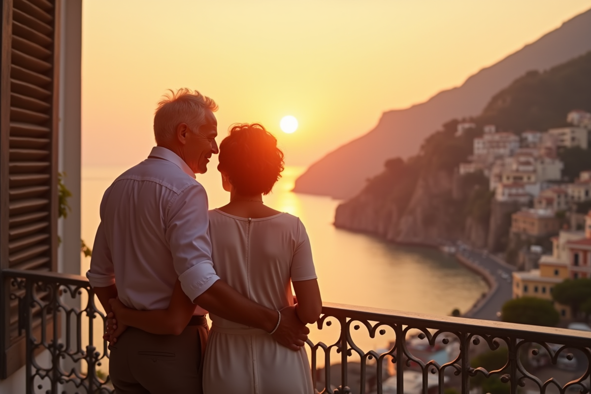Couple mature sur un balcon romantique à Amalfi au coucher de soleil