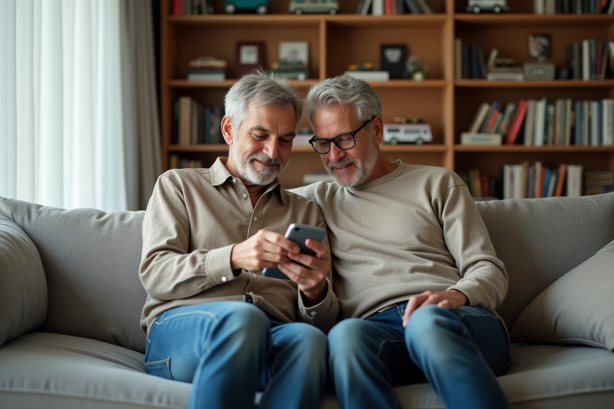 Couple consultant l'interface de suivi de collection Altaya sur smartphone assis dans un salon décoré de magazines et figurines
