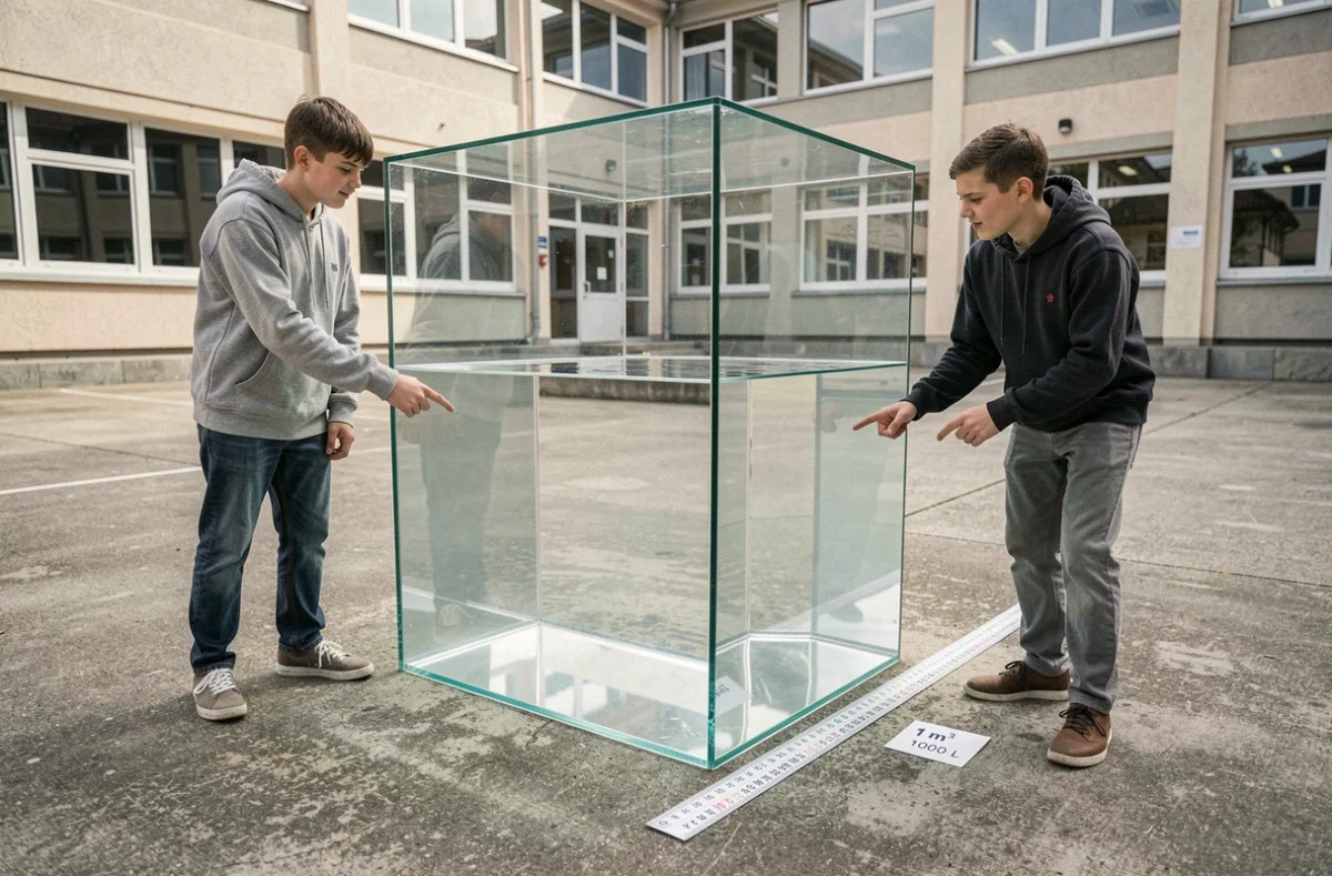 Cube transparent d'un mètre cube rempli d'eau dans une cour d'école avec des élèves observant l'équivalence en litres