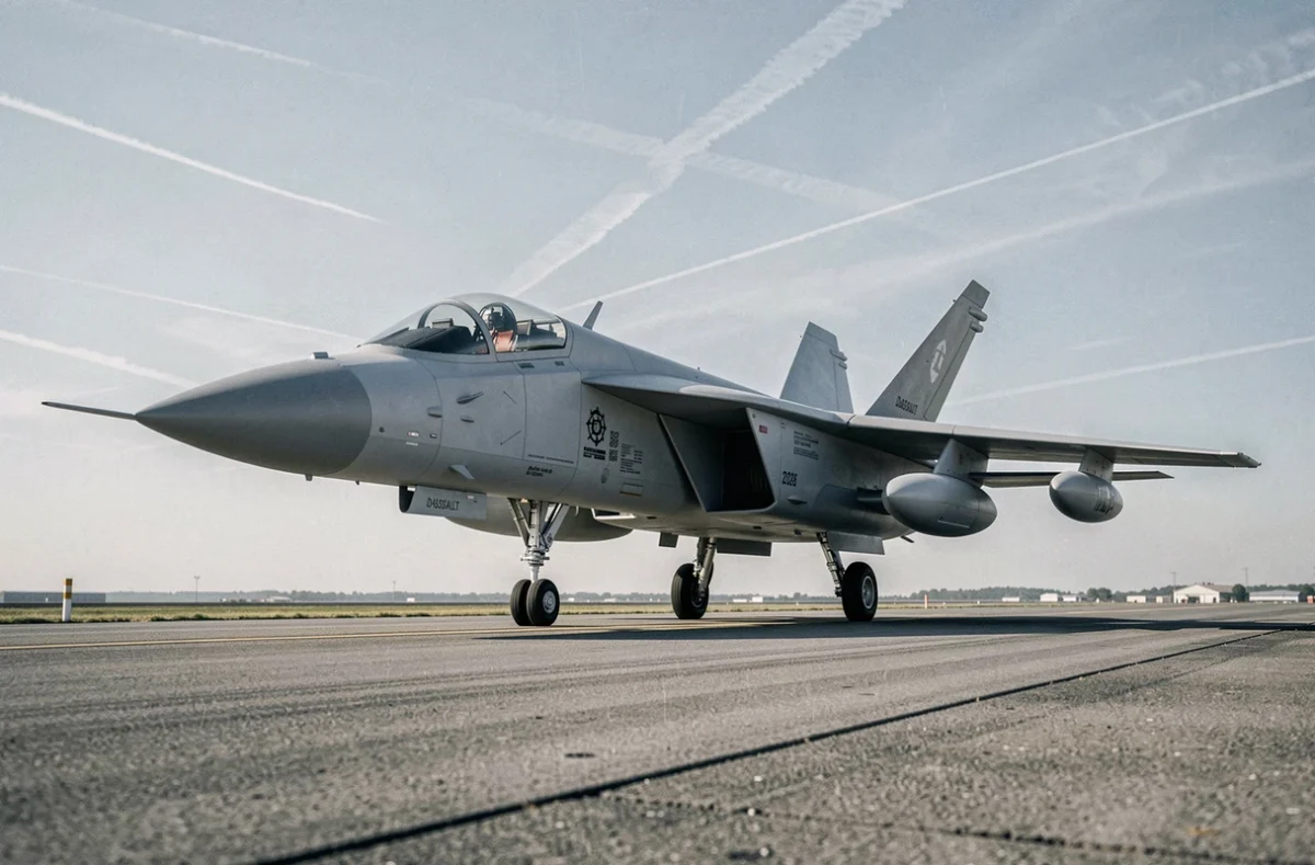 Concept du chasseur Dassault Mirage 2026 sur piste d'aérobase, design furtif et lignes delta modernisées de nouvelle génération