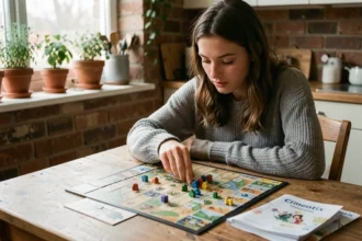 Jeune femme concentrée découvrant les règles du jeu de société Cimentix pour la première fois à une table en bois