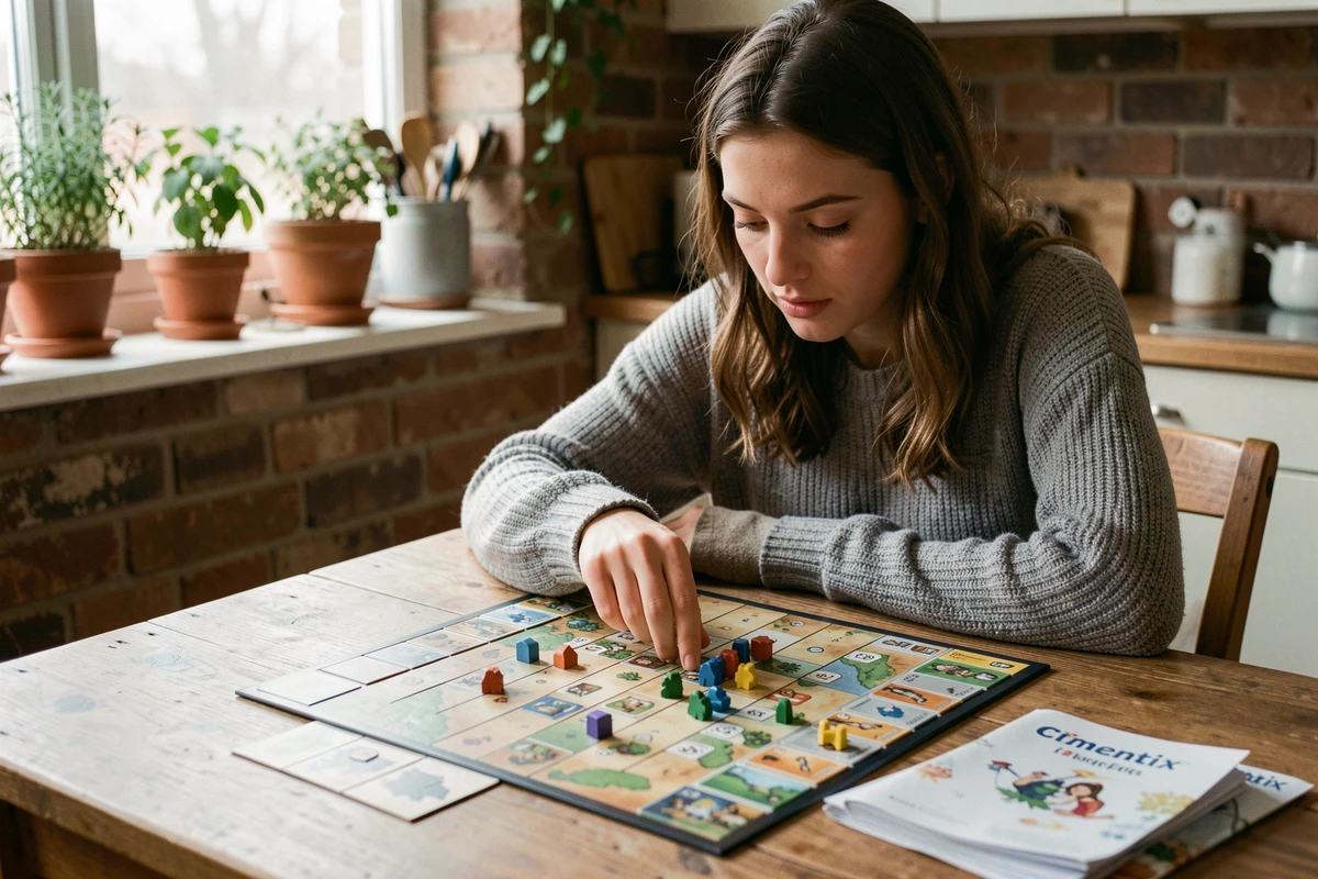 Jeune femme concentrée découvrant les règles du jeu de société Cimentix pour la première fois à une table en bois