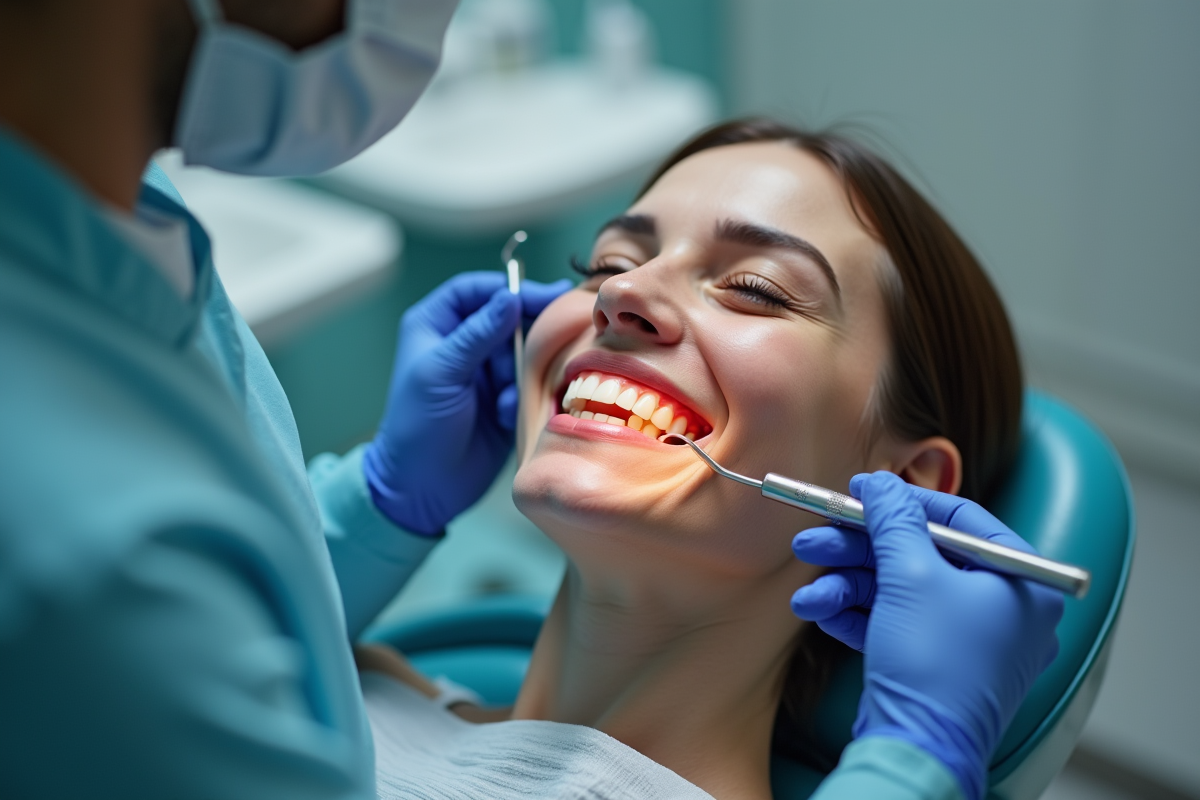 Dentiste professionnel nettoyant dents d'un patient souriant