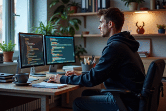 Jeune homme en hoodie travaillant sur plusieurs écrans de code