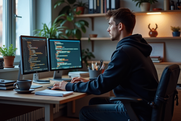 Jeune homme en hoodie travaillant sur plusieurs écrans de code