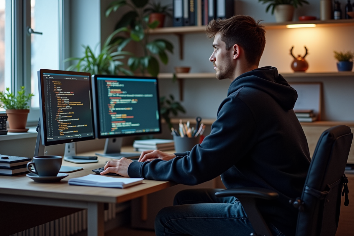 Jeune homme en hoodie travaillant sur plusieurs écrans de code