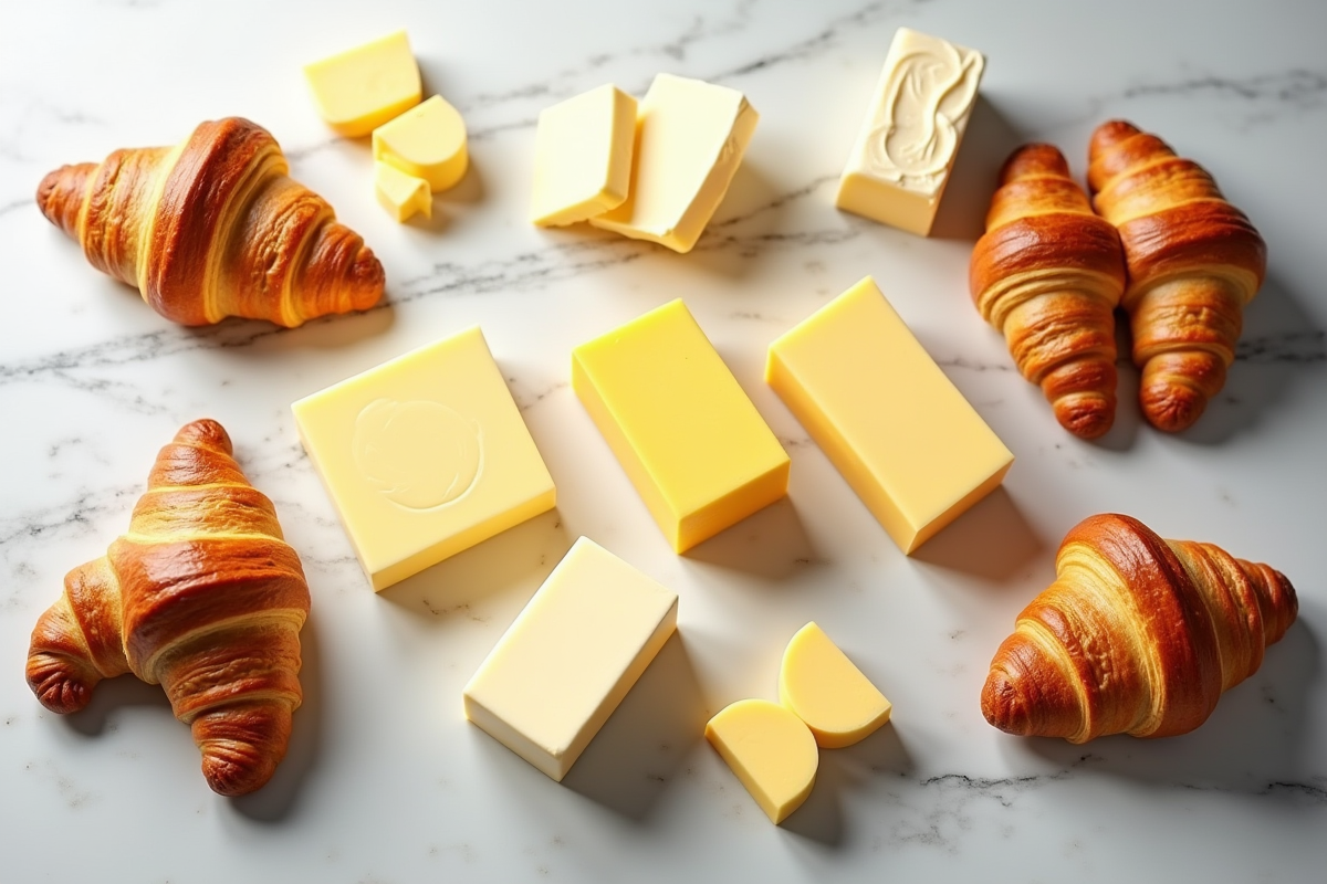 Variétés de beurre avec croissants sur une table en marbre