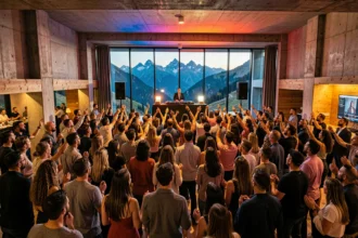 Vue panoramique d'un événement DJ en Auvergne-Rhône-Alpes avec une foule animée et une scène moderne dans une salle aux influences alpines