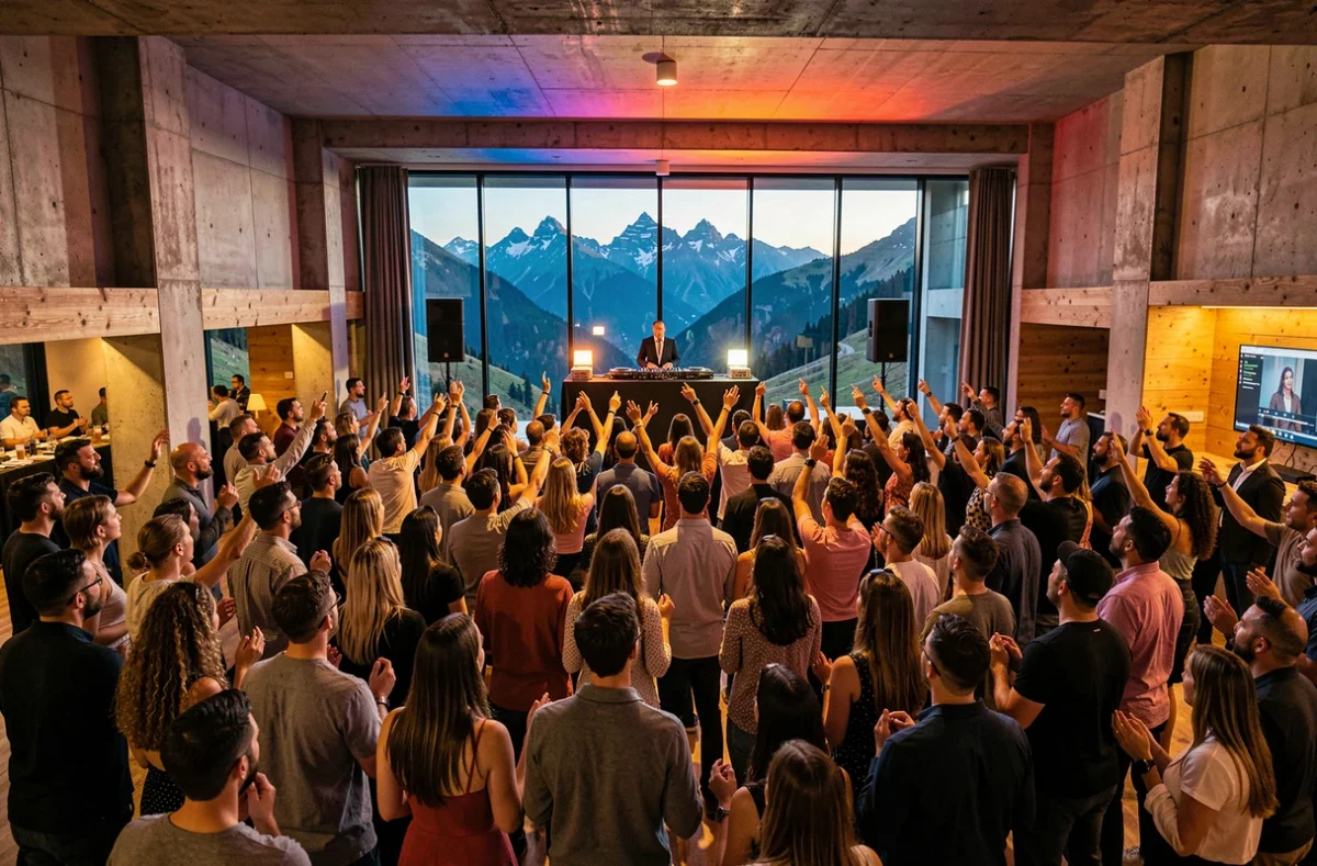 Vue panoramique d'un événement DJ en Auvergne-Rhône-Alpes avec une foule animée et une scène moderne dans une salle aux influences alpines