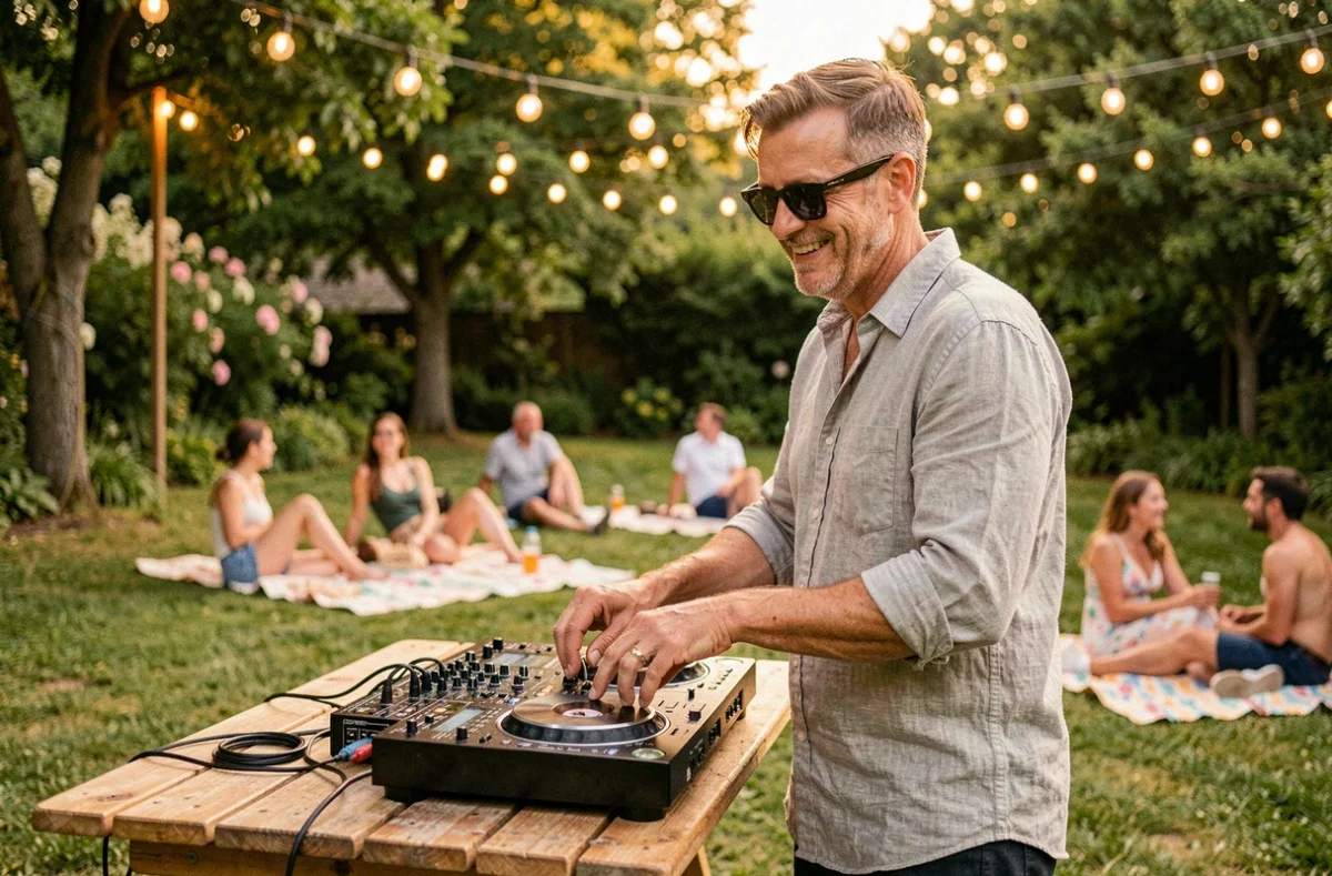 DJ Simple D en train de mixer lors d'une fête estivale en plein air, décontracté derrière son contrôleur DJ dans un jardin décoré de guirlandes lumineuses