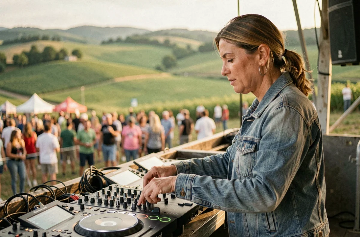 DJette Tina en performance lors d'un événement en plein air dans l'Ain, derrière ses platines CDJ avec un paysage verdoyant en arrière-plan