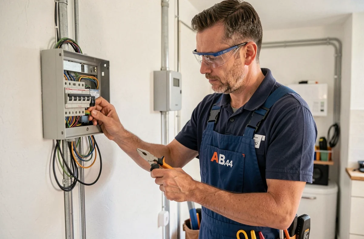 Électricien de l'entreprise AB.44 en train de câbler un tableau électrique dans une maison résidentielle en Loire-Atlantique