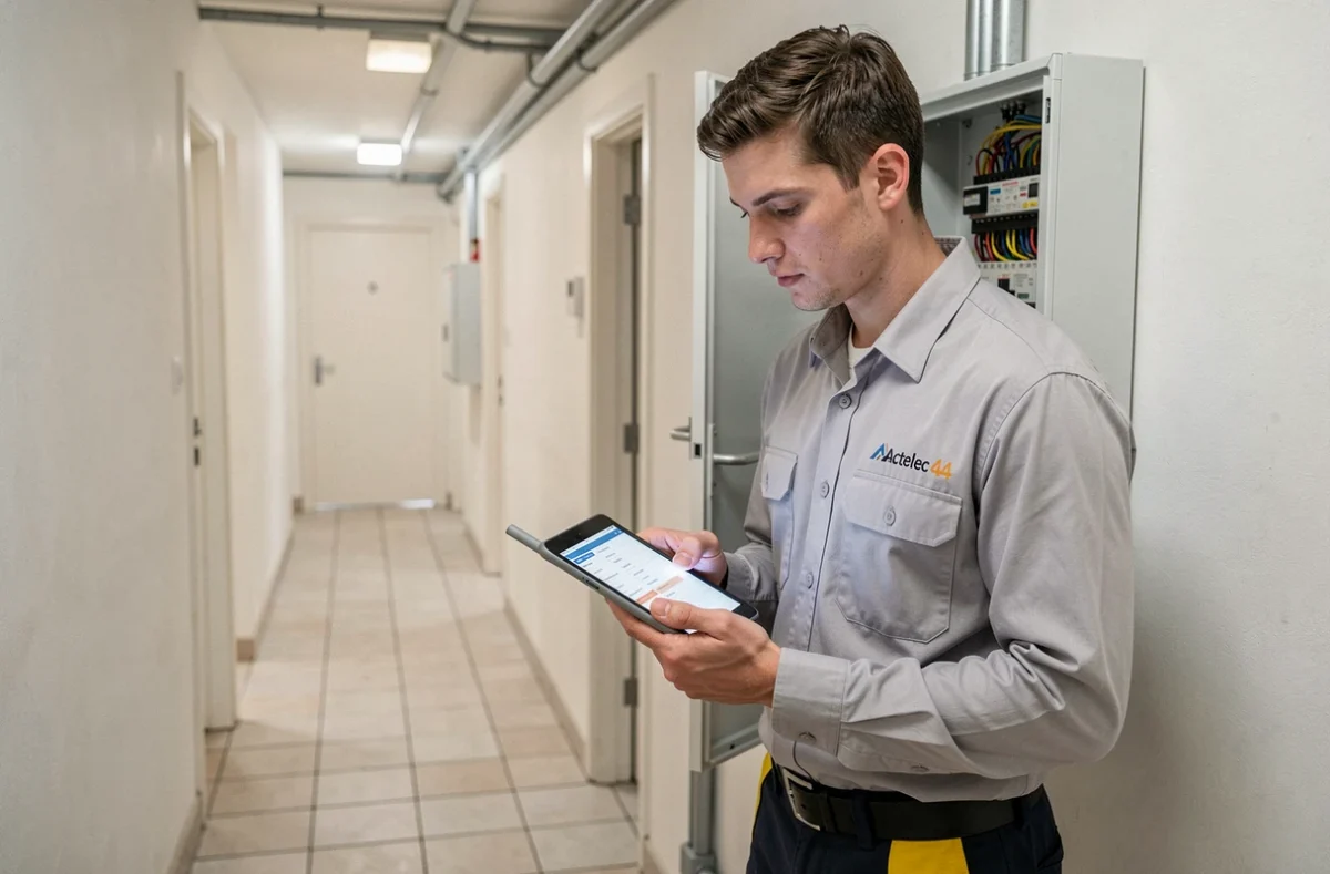 Électricien Actelec 44 réalisant un diagnostic de conformité électrique dans une maison résidentielle en Loire-Atlantique avec une tablette