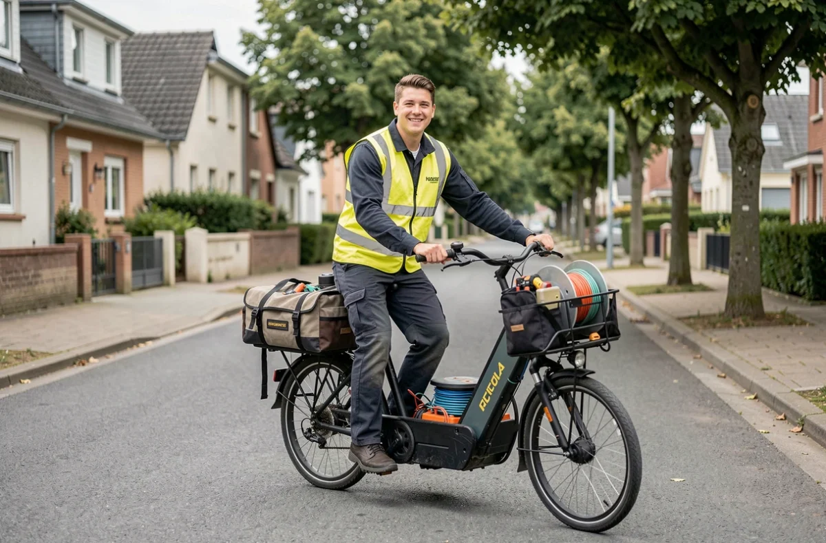 Électricien Alex Elec arrivant chez un client en vélo cargo électrique chargé de matériel, dans une rue de Loire-Atlantique