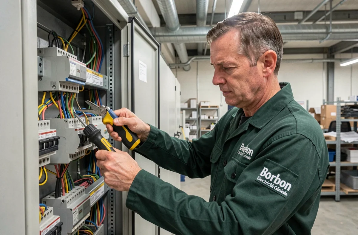 Électricien Bourbon Electricité Générale câblant une armoire électrique industrielle dans un local commercial en Loire-Atlantique