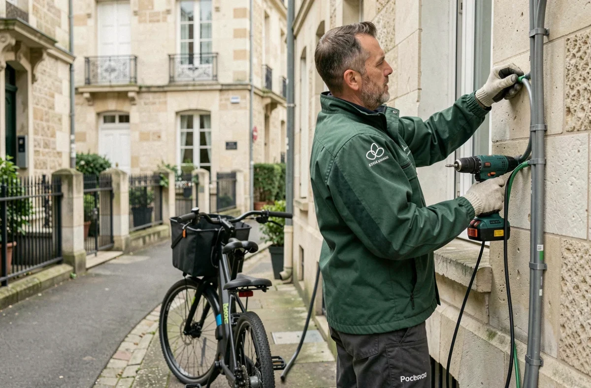 Électricien Elecàvélo fixant un conduit électrique sur une façade résidentielle avec son vélo cargo en arrière-plan, à Nantes