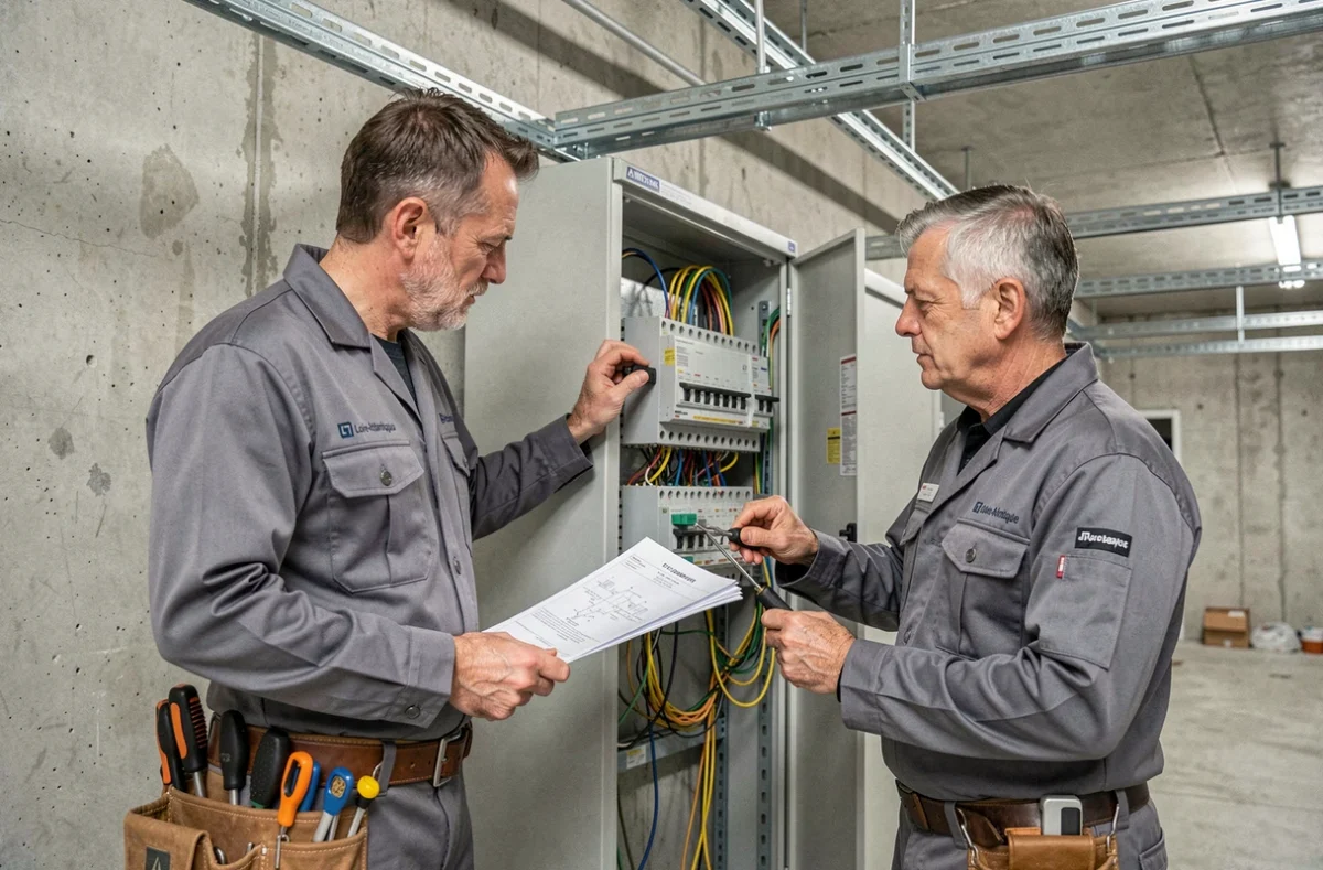 Deux électriciens de L'Entre 2 Phases installant un tableau électrique dans un local commercial en Loire-Atlantique