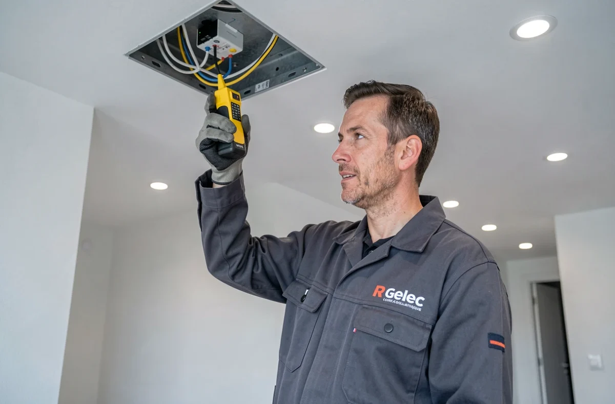 Électricien R Gelec testant des connexions dans un boîtier de jonction au plafond d'un appartement rénové en Loire-Atlantique