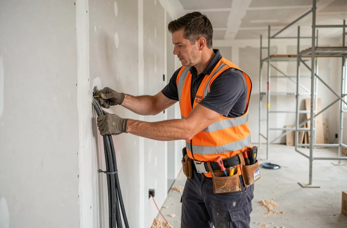Électricien Reno Retz Elec passant des câbles électriques dans une maison neuve en construction dans le pays de Retz