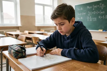 Élève de collège résolvant un exercice de conversion de mètre cube en litre sur un cahier de mathématiques en classe