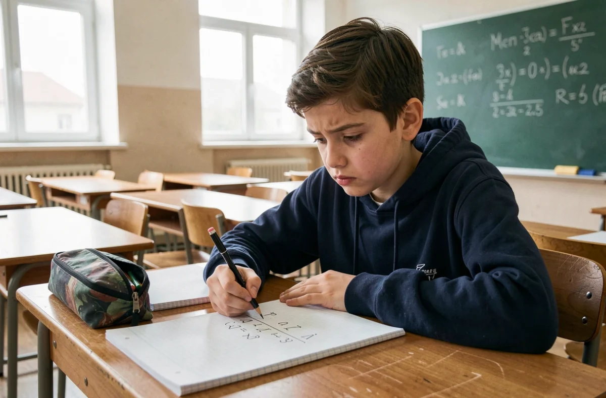 Élève de collège résolvant un exercice de conversion de mètre cube en litre sur un cahier de mathématiques en classe