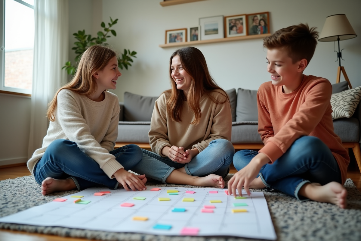 Mère et enfants planifiant avec un calendrier et notes